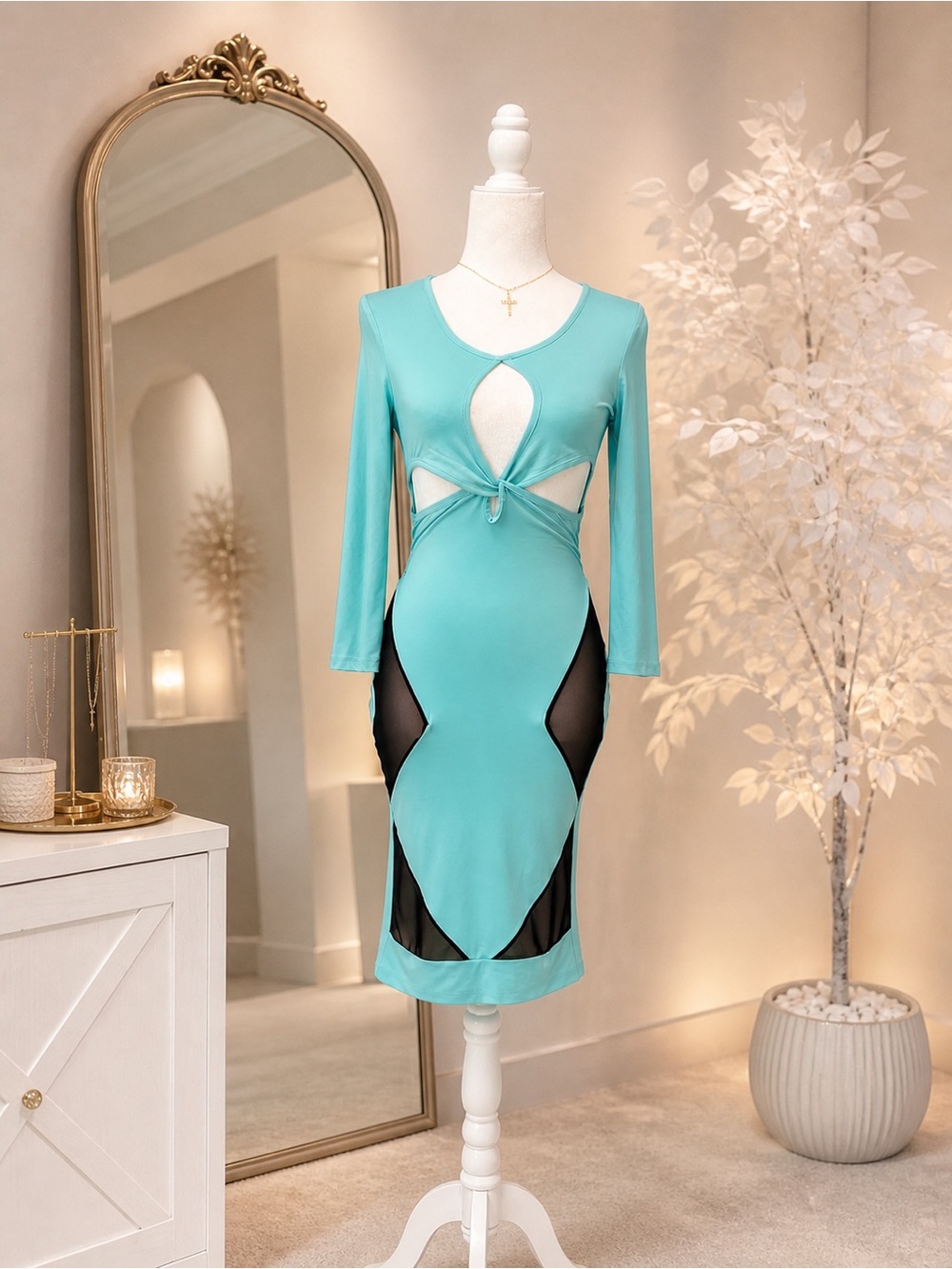 Aqua Cutout Tie-Front Midi Dress